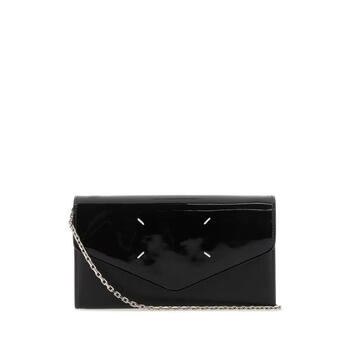 Maison margiela women's clutch portable storage shoulder carry can be cross-body flip design black patent leather metal chain black tu