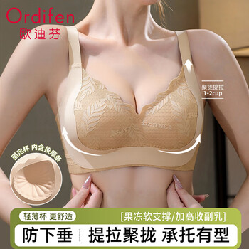 Oudifen seamless underwear women's no wires large breasts reveal small soft support pull-up push-up secondary breasts printed bra skin cover xl