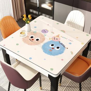 Fantasy pvc square tablecloth, no-wash, waterproof, oil-proof, and anti-scalding table mat, cartoon square table tablecloth, desk mat, fur ball monster upgraded with thickened soft glass, waterproof and oil-proof, 85x85cm.