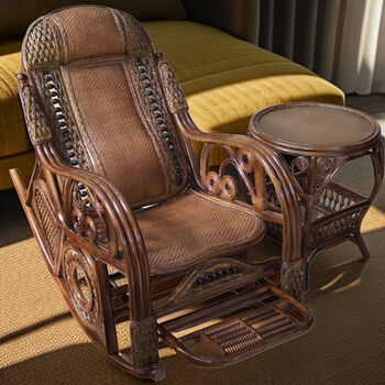 Fantasy real rattan elderly nap rocking chair rattan chair leisure recliner woven chair living room upgraded waist support coffee rocking chair coffee table