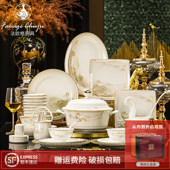 Faouge brand high-end tableware jingdezhen light luxury bone china bowl and dish set household high-end bowl and chopsticks plate set suitable for 8-16 people 108-piece set