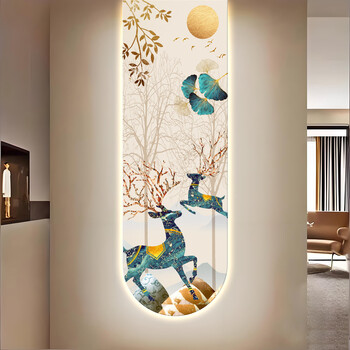 Chengpian modern simple fulu golden deer entrance decoration painting with lights mural living room high-end light luxurious aisle corridor hanging painting t135992 30*90 high definition uv carving + crystal porcelain scratch-proof no light model uv carving anti-scratch crystal porcelain surface