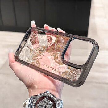Flash magic is suitable for apple 16promax mobile phone case, new lens, all-inclusive anti-fall protective cover iphone16pr, transparent black - large hole, golden butterfly line, light - high transparency iphone16promax
