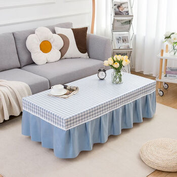 Fantasy coffee table cover waterproof, oil-proof, anti-scalding, no-wash leather pu tablecloth, internet celebrity living room rectangular coffee table tablecloth, blue grid + solid color skirt, table width 65, length 120cm, height 40cm