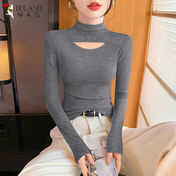 Woodpecker half-high collar hollow long-sleeved bottoming shirt for women in spring, autumn and winter new style for inner wear and outer wear slimming knitted top, dark gray l