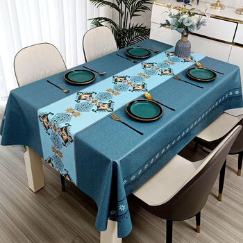 Fantasy german imported quality new light luxury yarn tablecloth rectangular waterproof, oil-proof and hot-proof tablecloth multi-functional table diamond eternal-blue (anti-chili oil) 100*137 (center pattern horizontal stripe)