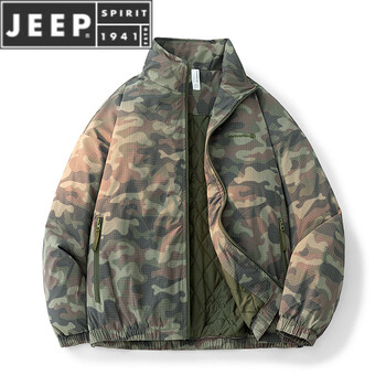 Jeep spirit2025 new autumn and winter workwear camouflage style stand collar jacket men's thickened warm jacket plus fat zipper cotton jacket trendy green camouflage cotton upgraded warm style m 90-130 catties