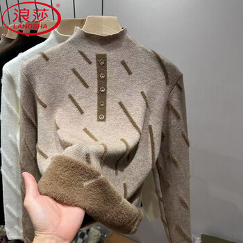 Langsha all-in-one velvet bottoming sweater 2025 autumn and winter new style half turtleneck plus velvet thickened western style warm sweater for women khaki version 2xl 130-140