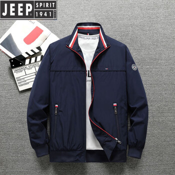 Jeep spirit stand collar jacket men's spring and autumn casual loose large size jacket tops for young and middle-aged people simple sports men's trend blue xl