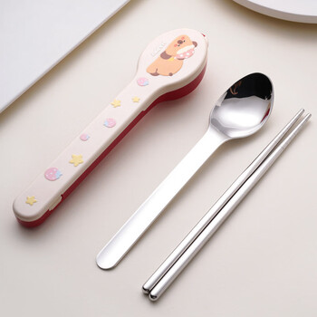 Tuojin imported quality 304 stainless steel chopsticks and spoons set from japan, portable tableware for primary school students and children, for one person, white (two-piece set of spoons and chopsticks) - dopamine portable tableware