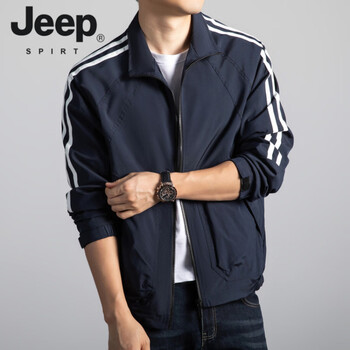 Jeep spirit spring and autumn trendy versatile jacket men's spring windproof top workwear striped stand collar jacket 2026 new dark blue m