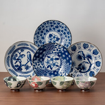 Mino yaki japan imported underglaze color high-value ceramic tableware set household exquisite bowl and plate combination painted tsubaki flower 8-piece set