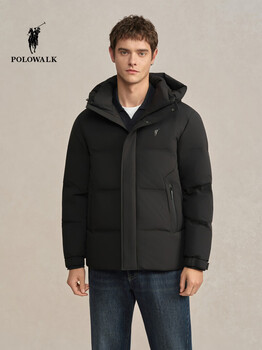 Polowalk men's short bread down jacket 2025 winter new product 90 duck down hooded down jacket black filling capacity about 174~228g m 170/m