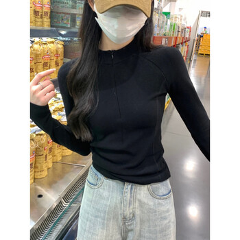 Yalu thickened velvet tight zipper bottoming shirt for women 2025 new autumn and winter long-sleeved stand-up collar short inner t-shirt top black s