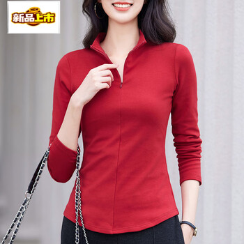 Chujing german velvet zipper small turtleneck bottoming shirt for women, autumn and winter new long-sleeved t-shirt with velvet inner top, red s