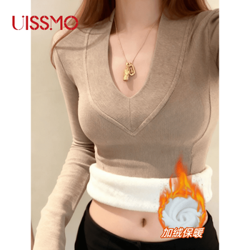 Uissmo bottoming shirt for women in autumn and winter plus velvet and thickened long-sleeved bottoming shirt for women plus size slim fit german velvet warm t-shirt top khaki plus velvet thickened 2xl size 140-160 catties