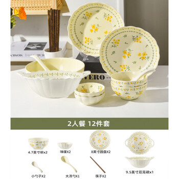 Tuojin japan imported high-quality housewarming dishes set 2025 new ceramic tableware home gift high-value underglaze color spring cute_meal for 2_12-piece set