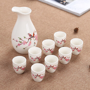 Shiganu ceramic wine set 9-piece half-pound small pitcher sake and white wine cup 8 wine glasses in one pot (spring simple_)
