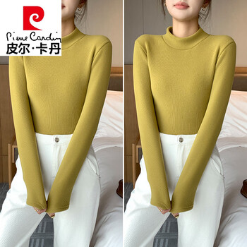 Pierre cardin half turtleneck bottoming shirt for women, velvet thickened top, winter 2025 new style german velvet inner mid-collar thermal underwear, mustard yellow + mustard yellow 2xl, suitable for 130 to 150 pounds