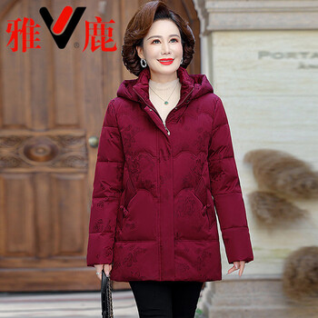 Yalu light and thin 2026 mommy down jacket white duck down winter middle-aged and elderly women's thickened printed granny jacket large size burgundy _ anti-drilling velvet fabric 5xl _ recommended 146-160 catties
