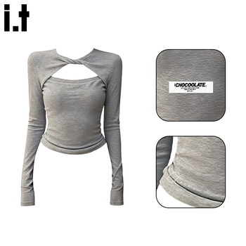 Chocoolate it women's hot girl brushed long-sleeved t-shirt 2025 winter new style women's hollow design slim inner layering shirt gray l