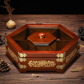 Shi jin wooden fruit plate dried fruit candy festive household compartmented covered chinese style creative wooden melon seed plate snack fruit extra large walnut color single layer copper printed model 36cm