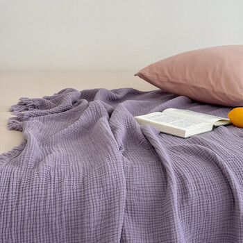 Fantasy soft and breathable four-layer gauze cover blanket for babies, cotton office lunch blanket, bedside towel towel blanket, tassel four-layer gauze smoke purple 130x170cm