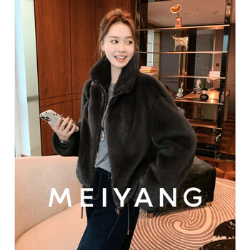 Meiyang totoro imitation fur coat, fluffy and warm, short stand-up lapel drawstring, medium dark gray l