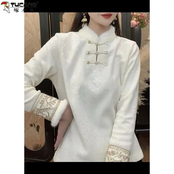Woodpecker new chinese style jacquard plus velvet thickened bottoming shirt for women h autumn and winter new style mom temperament and age-reducing slimming long-sleeved top beige color xl recommended 90-115 pounds