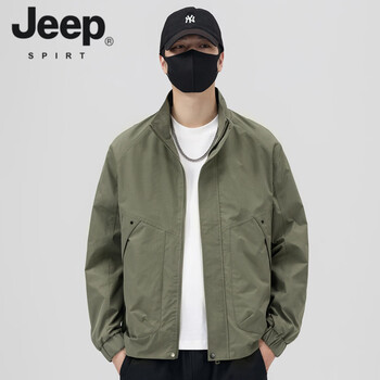 Jeep spirit men's jacket spring and autumn 2026 new trendy brand stand collar loose casual men's top work jacket men's spring green l (recommended 110-130 catties)