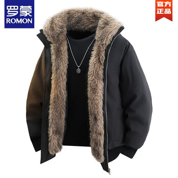 Romon european station plus velvet thickened stand collar down jacket men's winter large size loose mountain carving american cold-proof cotton jacket black s 80-95 jin