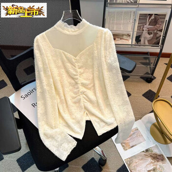 Early diameter half-high collar spliced mesh lace long-sleeved inner bottoming shirt for women autumn and winter new style velvet thickened top off-white ready stock shipped within 24 hours m