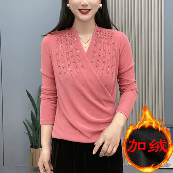Light luxury fashion new cross-collar simple mother's wear solid color beaded long-sleeved versatile plus velvet bottoming shirt watermelon red 3xl 120-130 catties