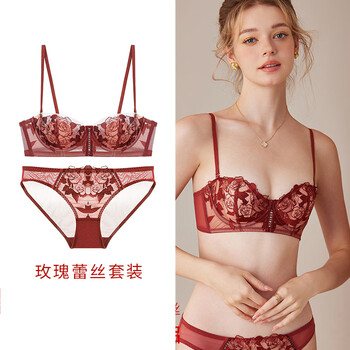 Adore autumn and summer red underwear for women in their zodiac year, thin, big breasts, slimming, sexy low-cut lace bride wedding half-cup bra set, ruby red set (upgraded anti-puncture new version) 85d /38