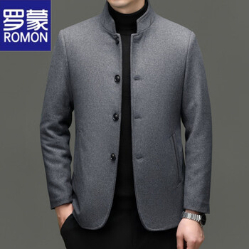 Romon woolen woolen coat men's autumn and winter quilted thickened jacket men's casual tunic suit stand collar middle-aged dad top gray xl 180