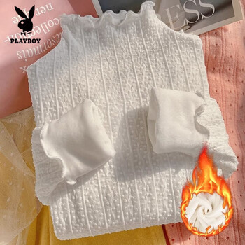 Playboy (playboy) large size lace and velvet bottoming shirt for women, fat mm, foreign style, high collar, inner gauze, warm mesh top, white, velvet, thickened, 4xl, recommended 180-200 pounds