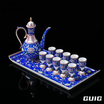 Guig chinese retro jingdezhen enamel color painted gold with tray wine mop wine set household antique flask white wine cup panzhilian sapphire blue 12/piece