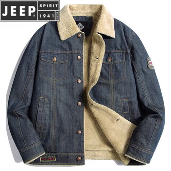Jeep spirit jeep's new velvet denim jacket men's winter jacket lamb velvet thickened fur collar to keep warm antique blue m