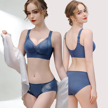 Blue aegean new lace thin breathable sexy wireless bra push up comfortable adjustable women's underwear four-breasted peacock blue suit 75c /34c