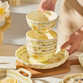 Qianye bowl household ceramic bowls, plates, tableware, underglaze color, high-value plates, rice bowls, soup noodle bowls, microwaveable bowls, 4.5 inches, 10 pieces