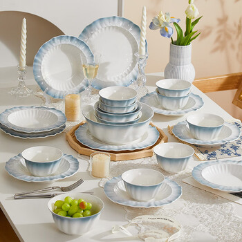 Jingdai high-end bowl and dish set for home use 2026 new high-value tableware simple ceramic bowls and chopsticks housewarming bowls for 10 people 46-piece set soup bowl gift box