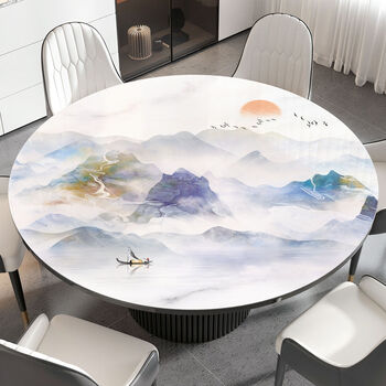 Fantasy round table tablecloth, no-wash style round dining table mat and coffee table mat, rolling mountains, upgraded and thickened version, diameter 155cm.