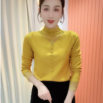 Hot new product 2025 autumn and winter half turtleneck lace versatile long-sleeved age-reducing plus velvet bottoming shirt top for women yellow xl (recommended 80-110 pounds)