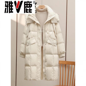 Yalu 90 white duck down jacket women's mid-length 2026 new korean style hooded fashionable thickened over-the-knee loose jacket trendy white s _recommended 80-120 catties