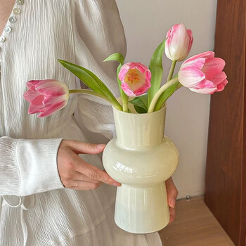 E7 life antique glass vase ins style high-value fresh flowers dried flowers hydroponic flower device living room dining table bedroom ornaments decoration french niche vase cream color