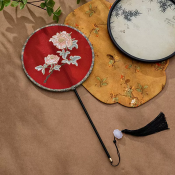 Yusen recalls the tang dynasty night banquet fan long-handled ancient style embroidered round fan embroidered round fan butterfly fan cheongsam translucent hanfu fan red peony song brocade round fan