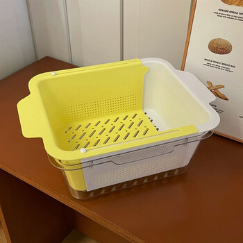 Yusenyi retractable drain basket double-layer dual-purpose multi-functional fruit plate and vegetable basket kitchen supplies white and yellow