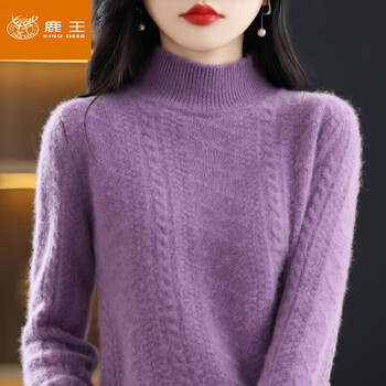 King deer half turtleneck cashmere sweater for women winter thickened sweater knitted sweater solid color bottoming shirt top purple s recommended for 85-100 pounds
