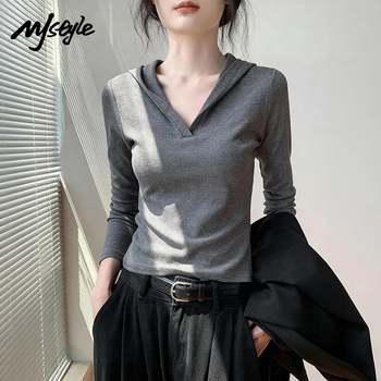 Mj stylev collar hooded bottoming shirt for women 2026 autumn and winter new korean style slim fit brushed warm sweater top