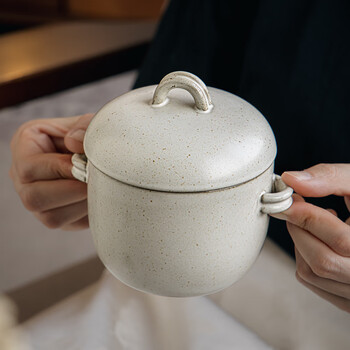 Youcci kitchen new style chinese retro double-ear stew cup high-looking water-proof stew pot with lid ceramic crock pot characteristic small soup cup 4-inch pitted double-ear small stew pot-kiln white
